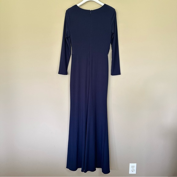 Betsy & Adam Elle Women 8 Long Sleeve Maxi Dress Gown Navy Blue Side Slit Ruffle - Picture 10 of 12